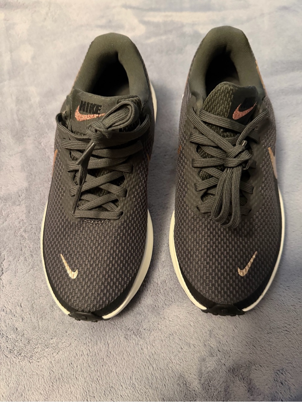 Nike Black Mesh Running Sneakers with Pinkish Gold Swooshes NEW